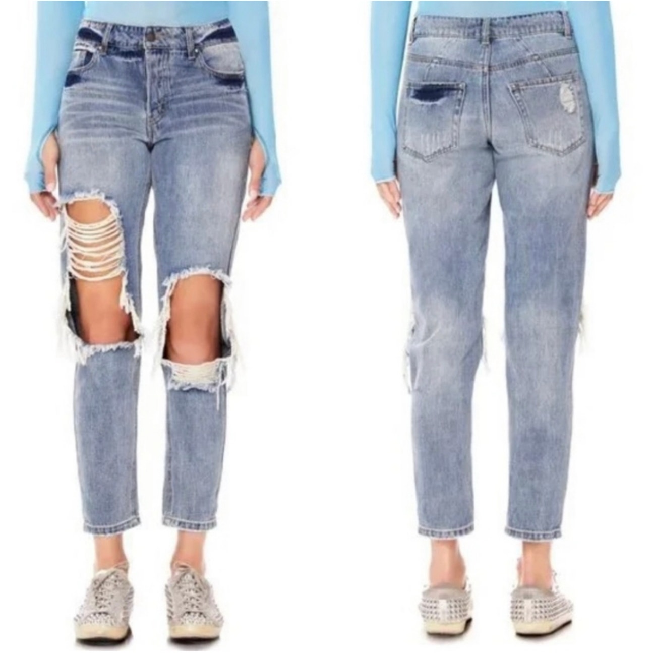 Afrm Cyrus Ripped High Waist Crop Ankle Boyfriend Jeans Light Blue